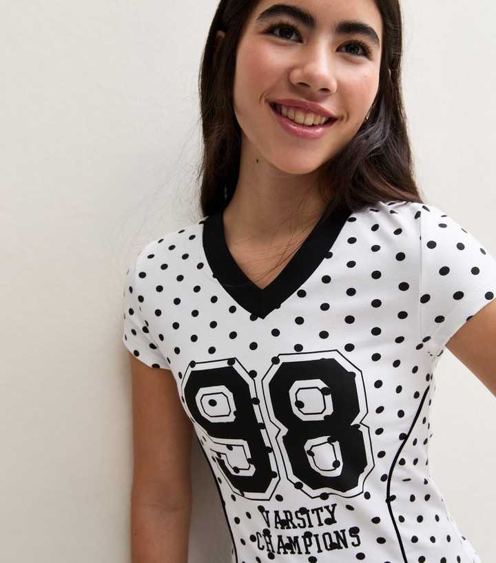 Girls Cotton Rich White Polka Dot Varsity T-Shirt