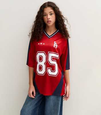 Girls Bright Red 85 LA Print Football Top