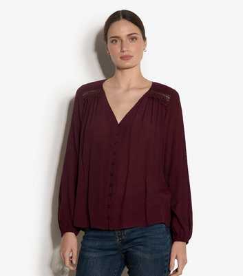 Apricot Dark Burgundy Crochet Ruffle Blouse