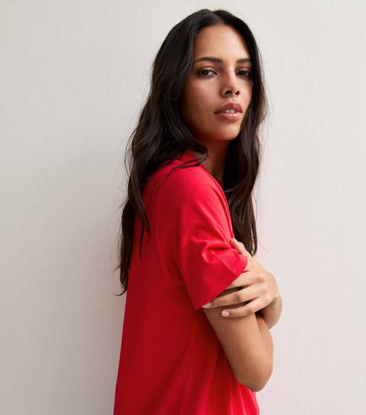 Bright Red Cotton Relaxed Crew Neck T-Shirt