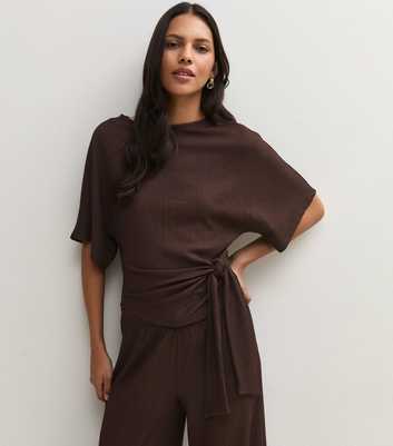 Dark Brown Crinkle Texture Tie Front Short Sleeve Top