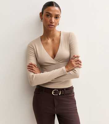 Mink Cotton Rich Wrap V Neck Long Sleeve Top