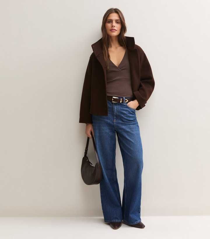 Dark Brown Cotton Rich Wrap V Neck Long Sleeve Top