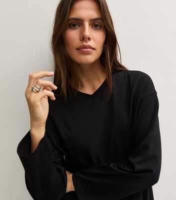 Black Cotton Rich High V Neck Slouchy Long Sleeve T-Shirt