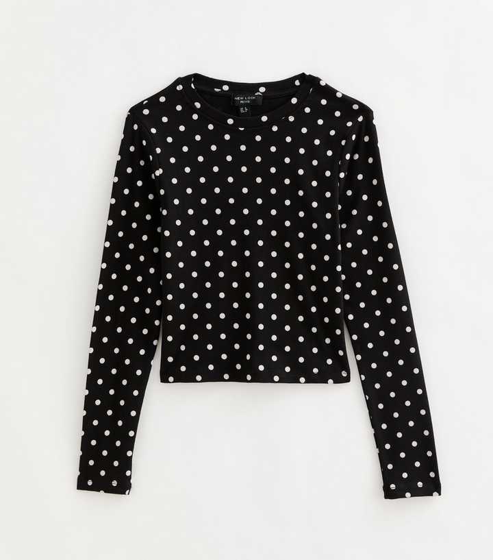 Petite Black Cotton Rich Spot Print Long Sleeve Baby Tee