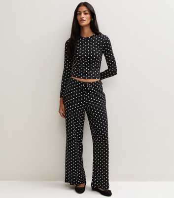 Petite Black Cotton Rich Wide Leg Spot Print Trousers