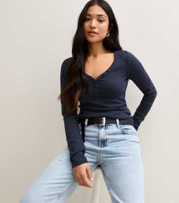 Petite Navy Cotton Rich Henley Button V-Neck Long Sleeve Top
