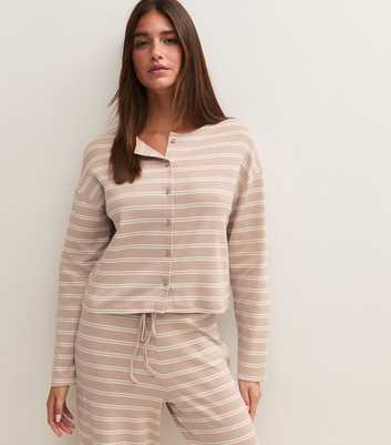 Brown Cotton Rich Horizontal Stripe Long Sleeve Button Front Top