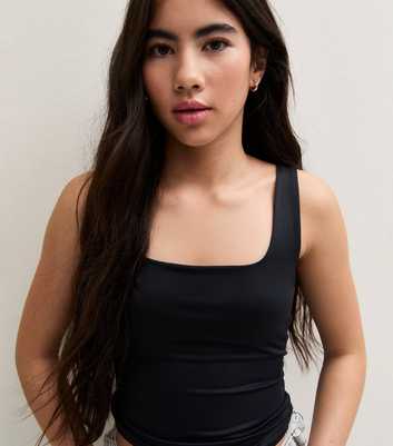 Girls Black Square Neck Slinky Tank Top