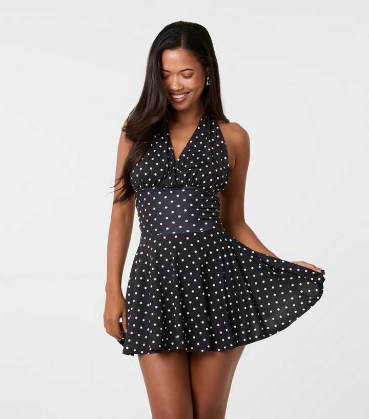 Pink Vanilla Black Polka Dot Jersey Halter Neck Mini Dress