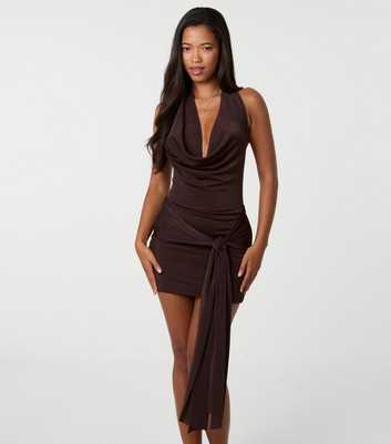 Pink Vanilla Dark Brown Halter Cowl Neck Mini Dress