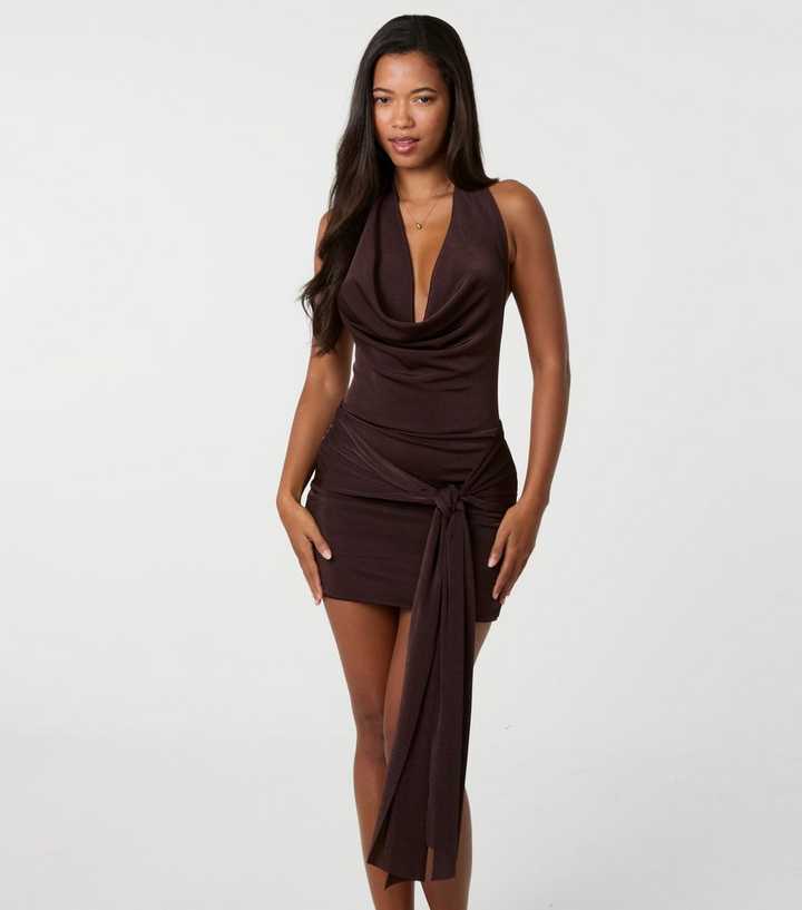 Pink Vanilla Dark Brown Halter Cowl Neck Mini Dress