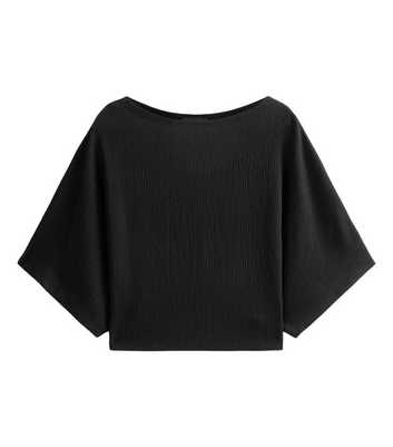 Black Crinkle Texture Wide Neck Top