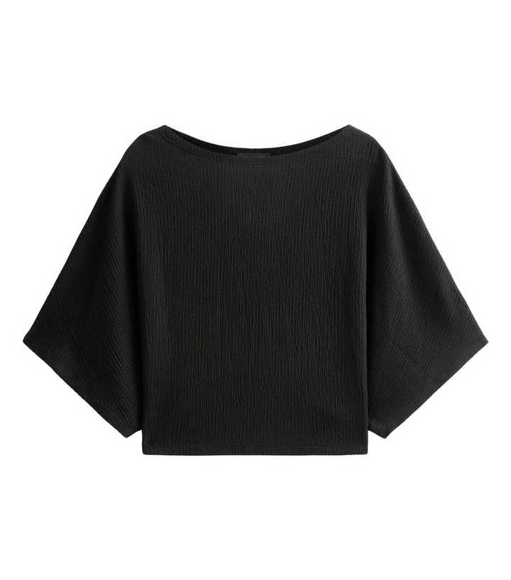 Black Crinkle Texture Wide Neck Top