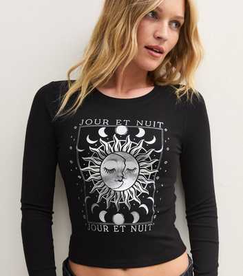 Black Cotton Mystic Sun Long Sleeve Baby Tee T-Shirt