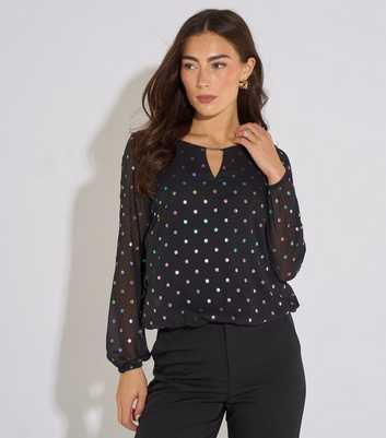 Gini London Black Spot Print Semi Sheer Sleeve Top