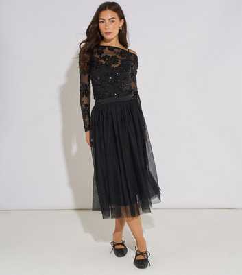 Gini London Black Sequin Embellished Slashed Neck Tulle Skater Midi Dress