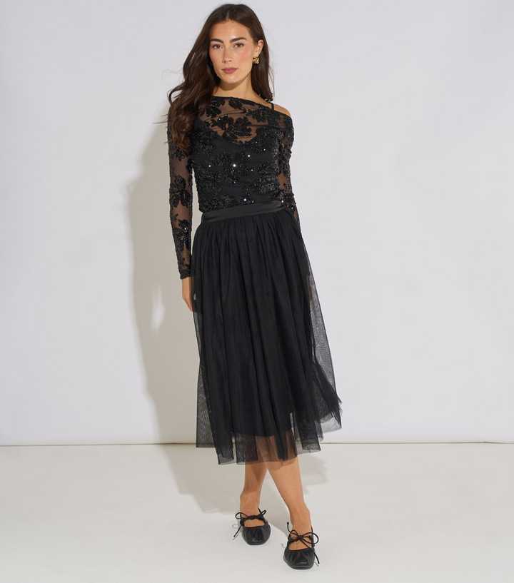 Gini London Black Sequin Embellished Slashed Neck Tulle Skater Midi Dress