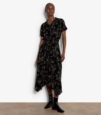 Apricot Dark Khaki Leaf Print Handkerchief Hem Midi Dress