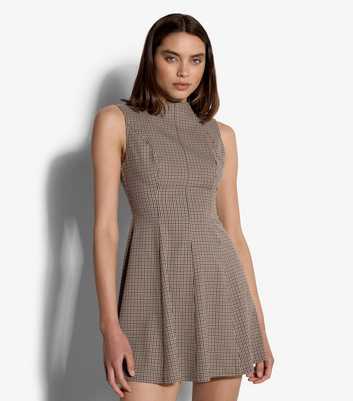 Apricot Stone Check Sleeveless Flared Mini Dress