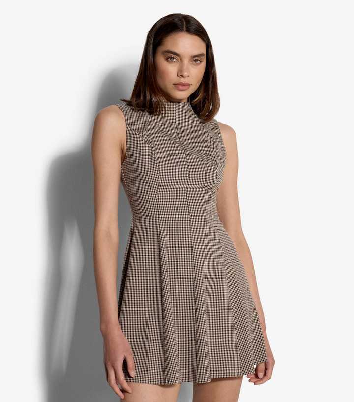 Apricot Stone Check Sleeveless Flared Mini Dress