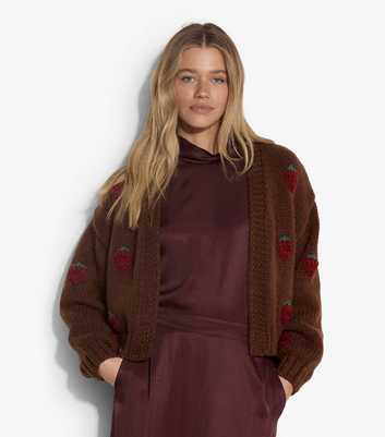 Apricot Dark Brown Raspberry Embroidered Knit Open Front Cardigan