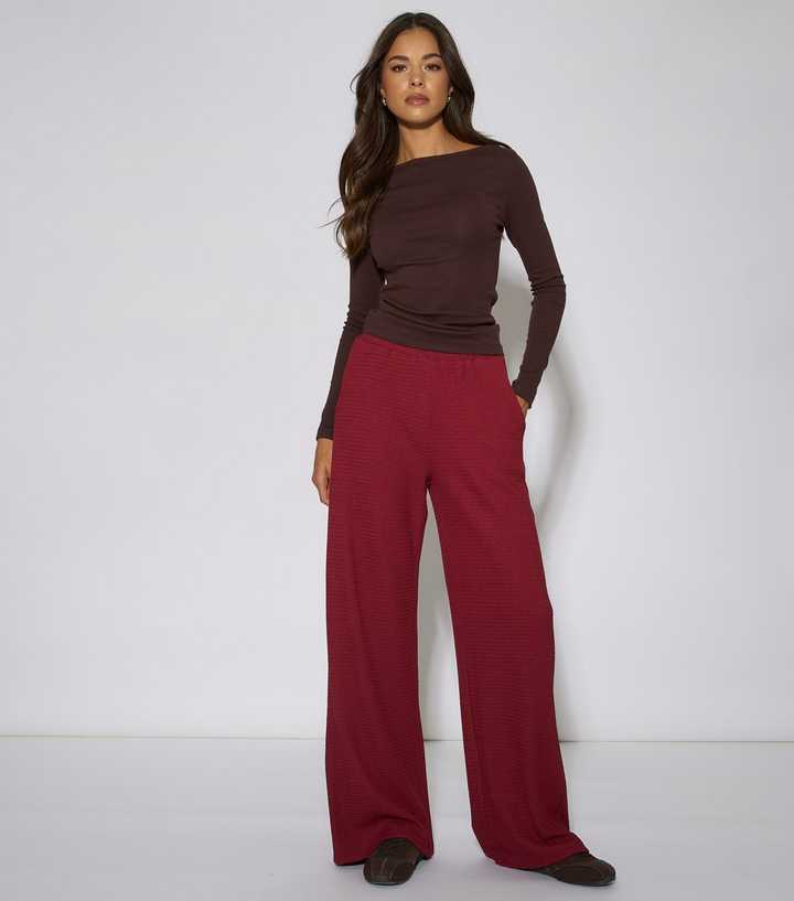 Gini London Dark Red Textured Wide Leg Trousers