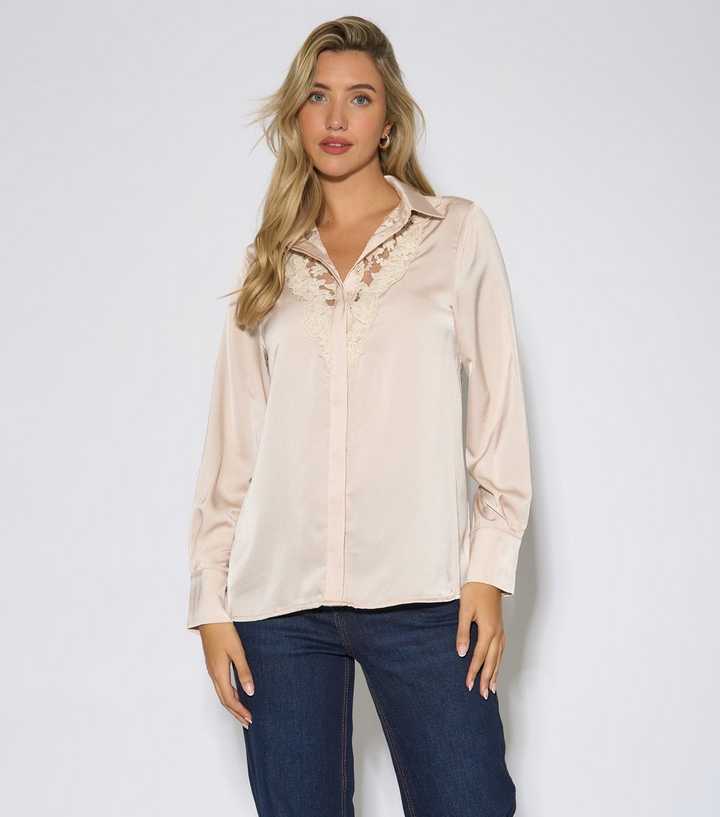 Gini London Oatmeal Lace Trim Satin Shirt