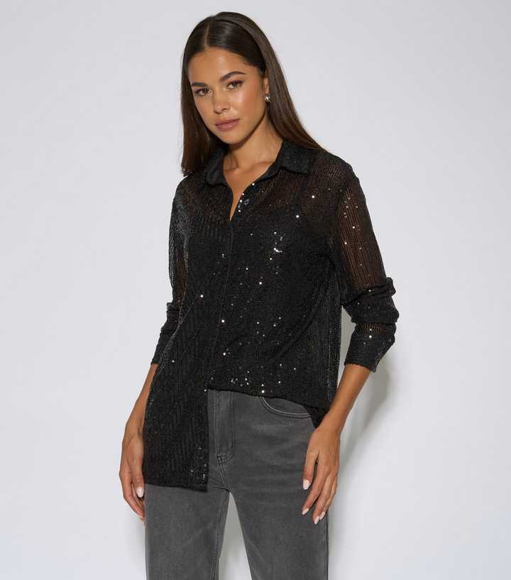 Gini London Black Semi Sheer Sequin Shirt