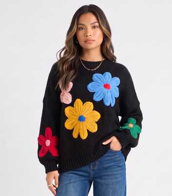 Gini London Black Chunky Knit Floral Crochet Jumper