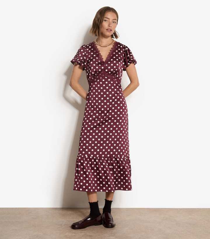 Apricot Dark Burgundy Polka Dot Lace Trim Midi Dress