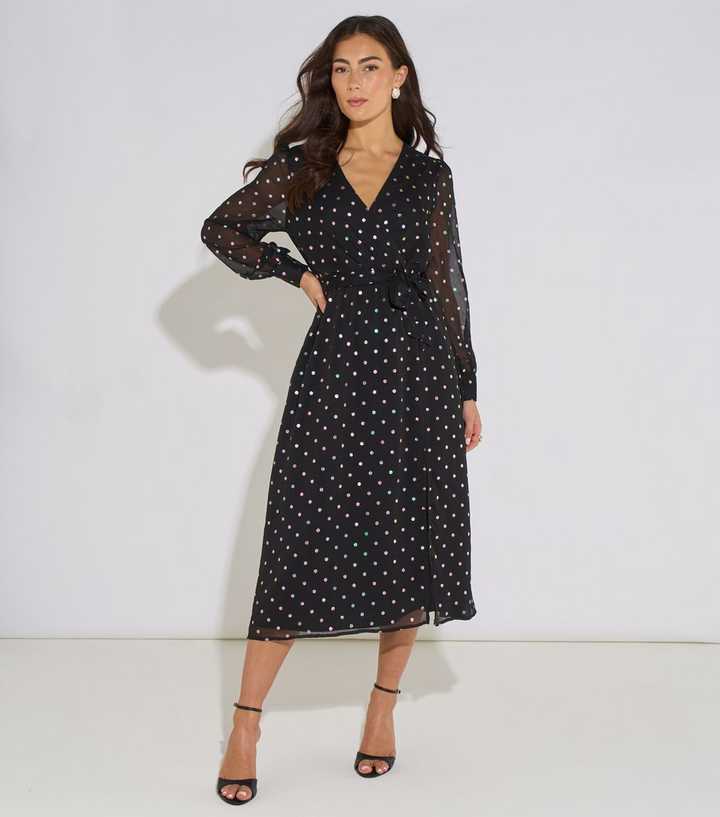 Gini London Black Chiffon Iridescent Polka Dot Wrap Midi Dress