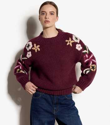 Apricot Dark Burgundy Floral Embroidered Sleeve Oversized Jumper