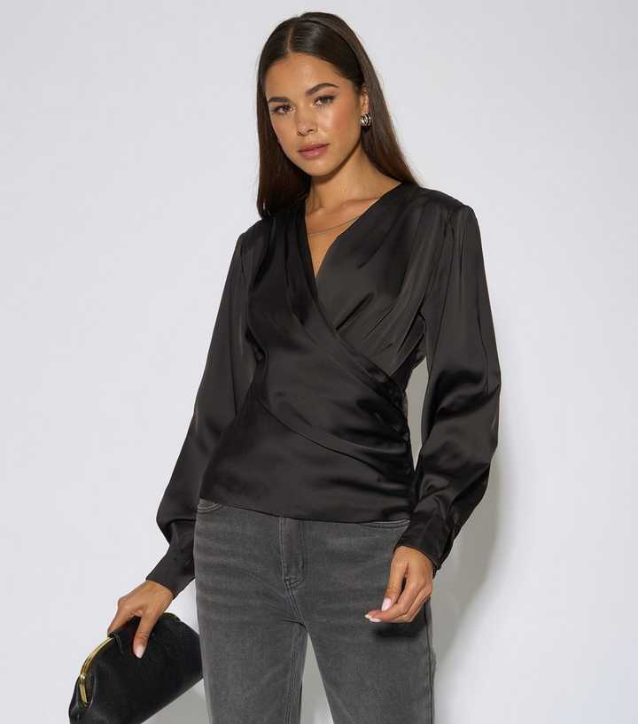 Gini London Black Satin Ruched Wrap Blouse