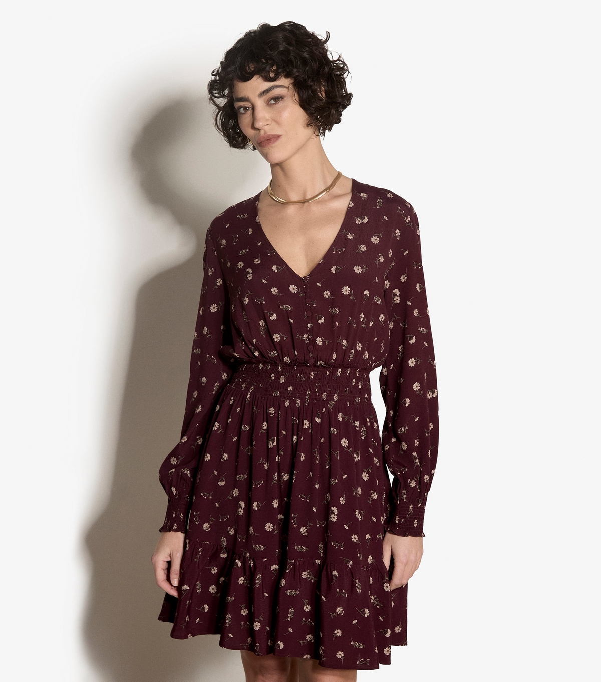 Women's Dark Burgundy Floral Print V-Neck Mini Dress Apricot New Look