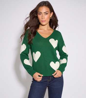 Gini London Dark Green Heart V-Neck Jumper