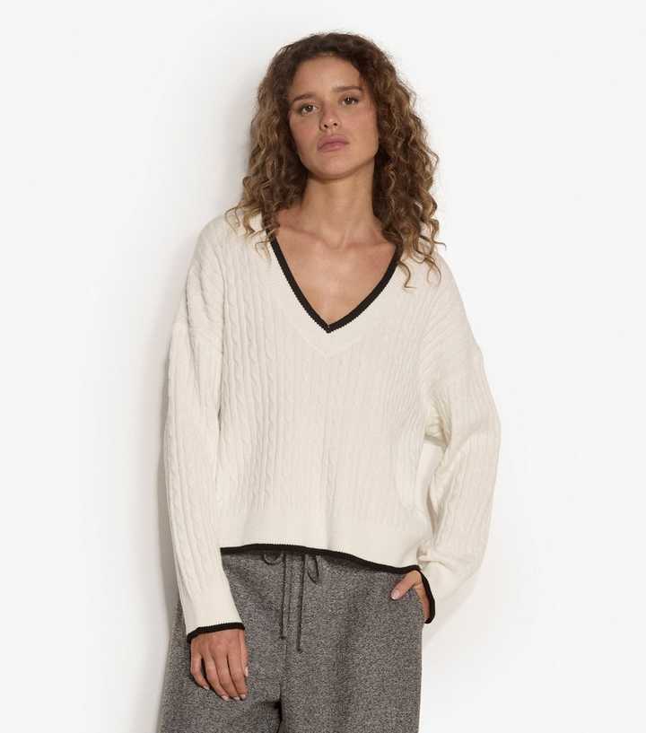 Apricot White Cable Knit V-Neck Oversized Jumper