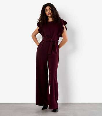 Apricot Dark Burgundy Velvet Ruffle Jumpsuit