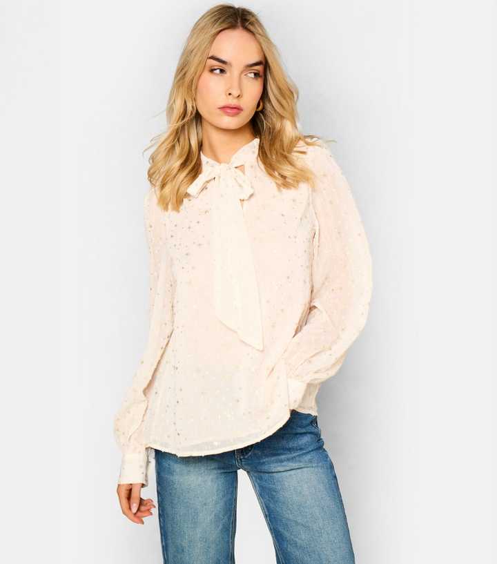 Gini London Oatmeal Star Print Tie Neck Long Sleeve Blouse