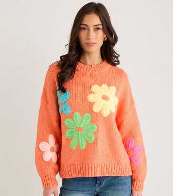 Gini London Orange Floral Crochet Knitted Jumper