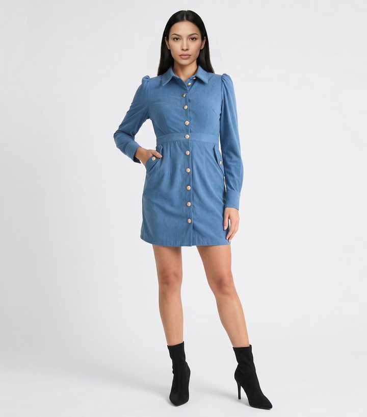 Gini London Blue Corduroy Mini Shirt Dress