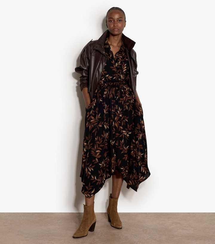 Apricot Black Handkerchief Hem Leaf Print Midi Dress