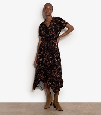Apricot Black Handkerchief Hem Leaf Print Midi Dress | New Look