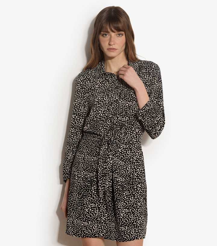Apricot Black Spot Print Tie Front Shirt Dress