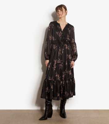 Apricot Black Floral Print Boho Shirt Dress