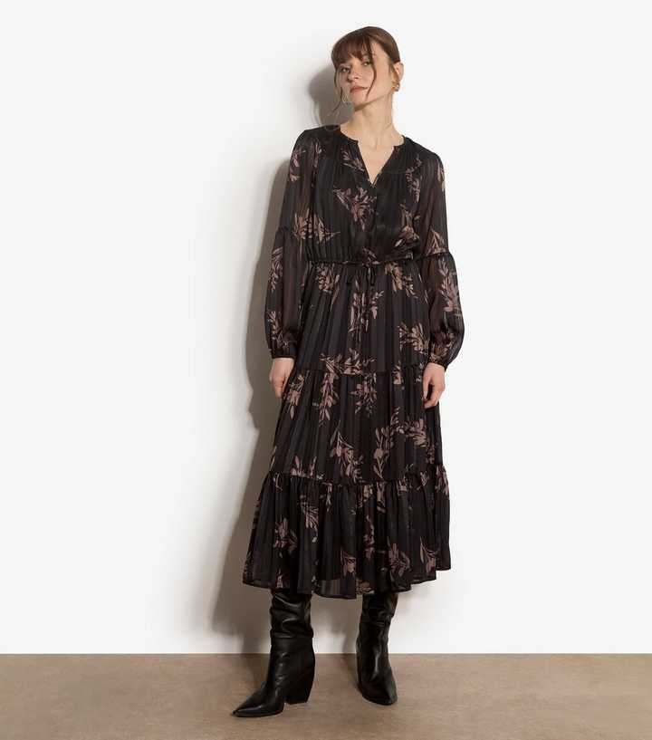 Apricot Black Floral Print Boho Shirt Dress