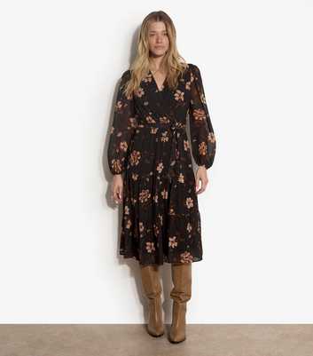 Apricot Black Floral Print Wrap Tiered Midi Dress
