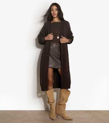 Apricot Dark Brown Cable Knit Open Front Longline Cardigan