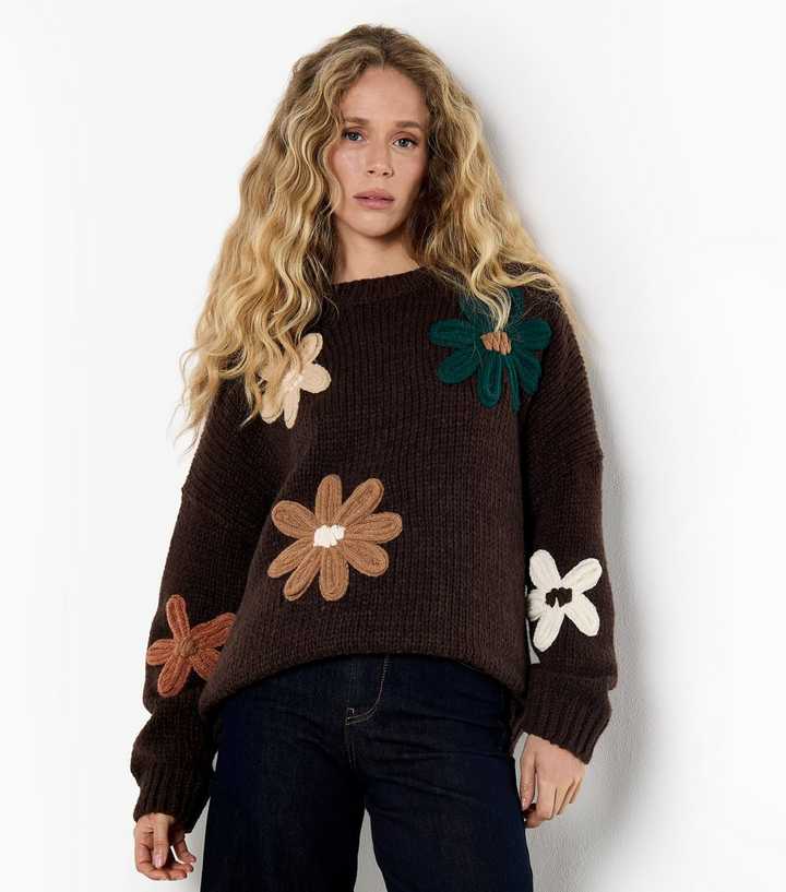 Apricot Dark Brown Chunky Knitted Crochet Floral Oversized Jumper