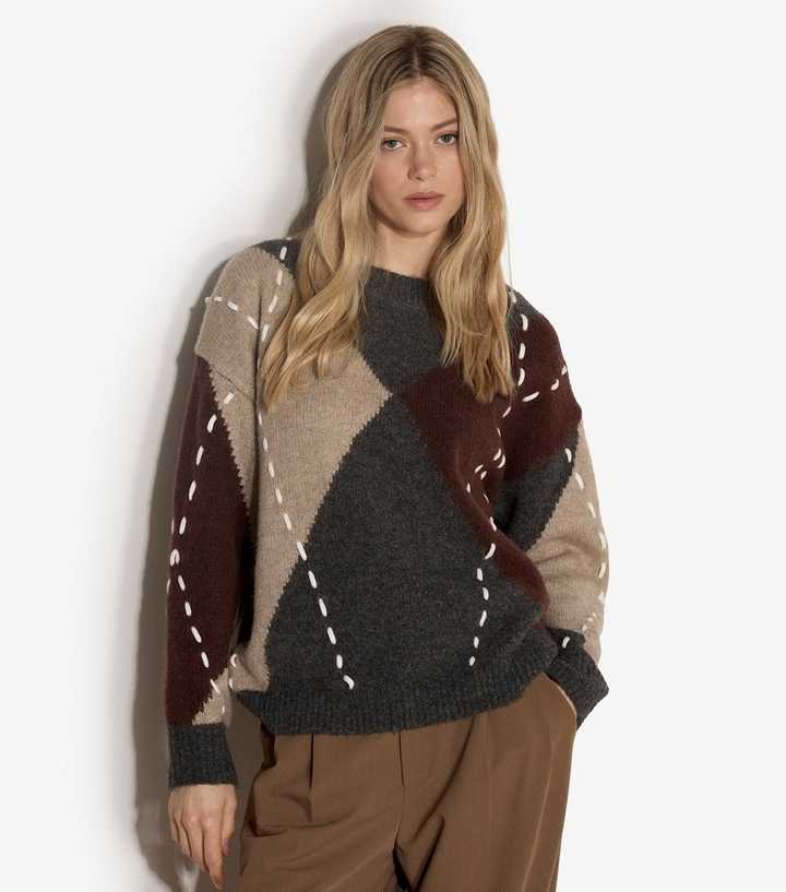 Apricot Dark Grey Argyle Knit Oversized Jumper